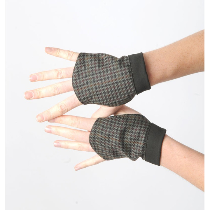 Dark green and brown fingerless gauntlets with tiny pattern