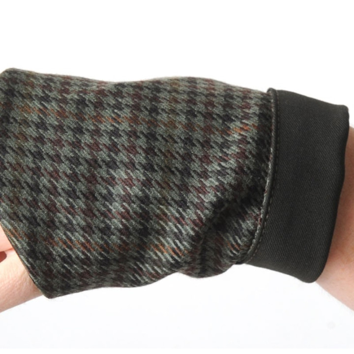 Dark green and brown fingerless gauntlets with tiny pattern