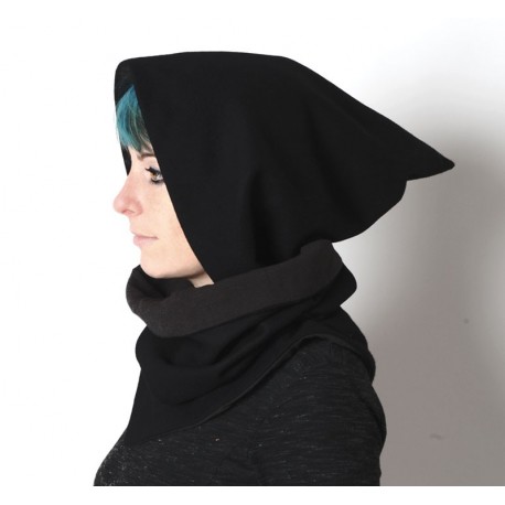 Cowl with removable Goblin Hood - Black wool