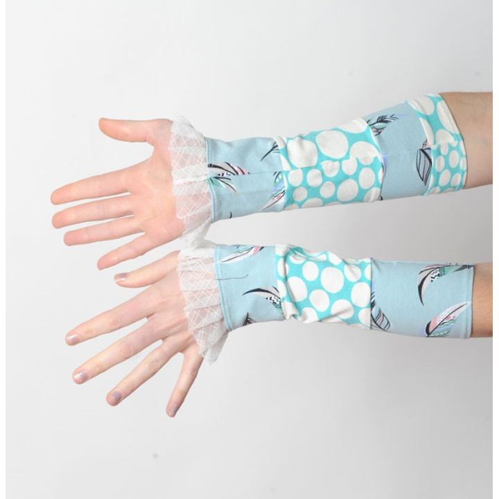 Lagoon blue and white patchwork jersey cuffs with mesh ruffles