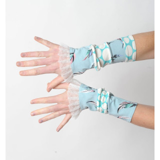 Lagoon blue and white patchwork jersey cuffs with mesh ruffles