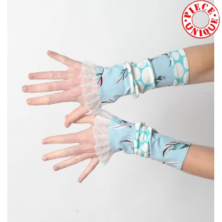 Lagoon blue and white patchwork jersey cuffs with mesh ruffles