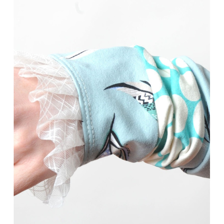 Manchettes originales bleu turquoise et blanc - patchwork et volants