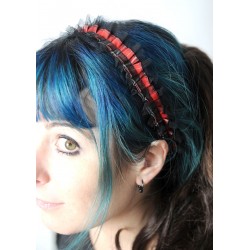 Red plaid and black lace headband in gathered ruffles