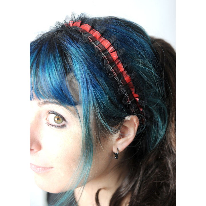 Red plaid and black lace headband in gathered ruffles