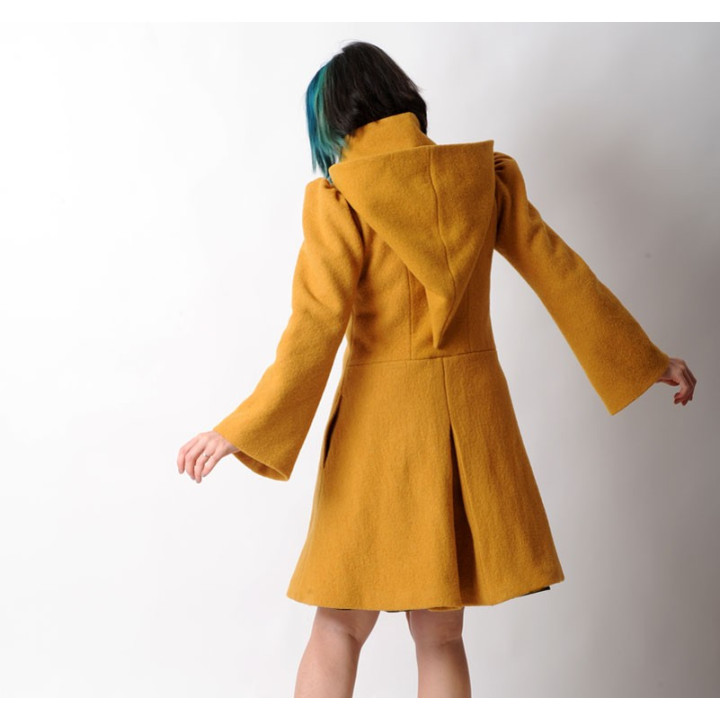 Mustard yellow winter Pixie coat with Goblin Hood in virgin wool