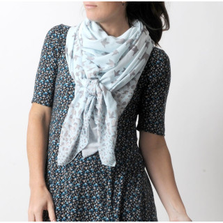 Wide bird print shawl scarf in beige and light blue