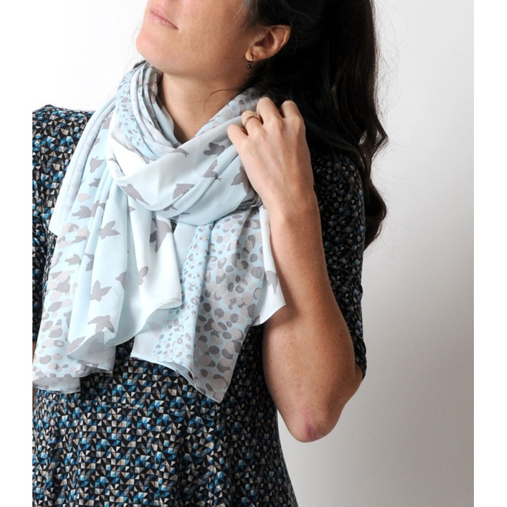 Wide bird print shawl scarf in beige and light blue