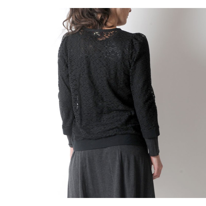 Pull transparent en dentelle noire, manches 3/4, idée cadeau femme