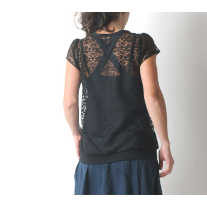 Sheer black lace sweater, short sleeves