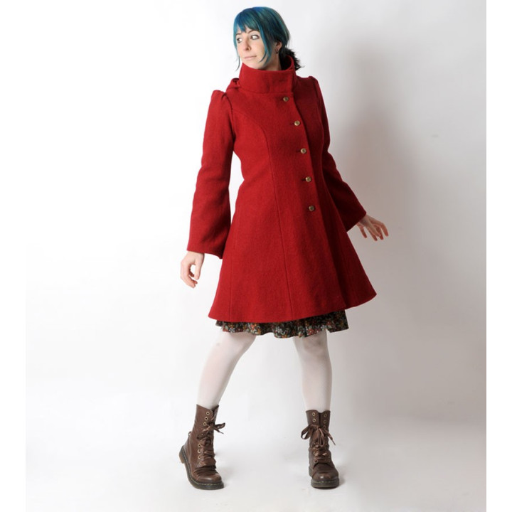 Red winter Pixie coat with Goblin Hood in virgin wool