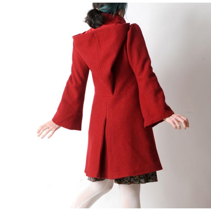 Red winter Pixie coat with Goblin Hood in virgin wool