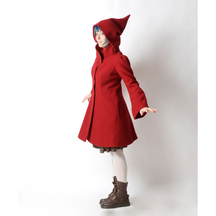 Red winter Pixie coat with Goblin Hood in virgin wool