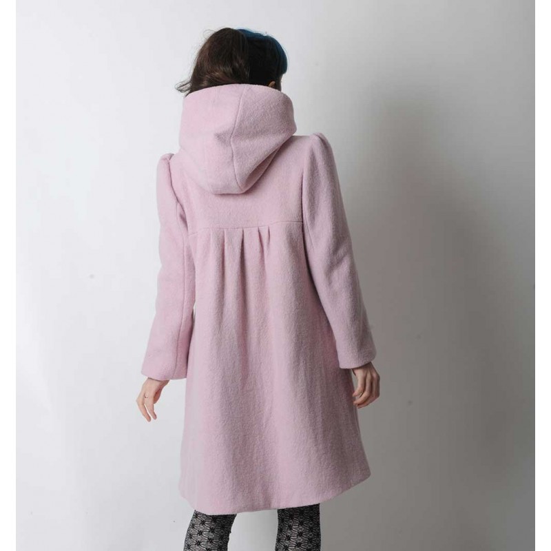 Manteau hiver long trapèze, laine rose poudré, capuche ronde