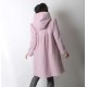 Manteau hiver artisanal long trapèze, laine rose poudré, capuche ronde fait main en france