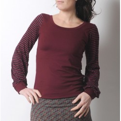 Crimson red top with long striped sleeves