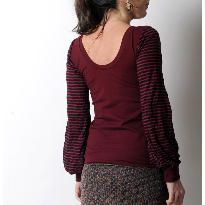 Crimson red top with long striped sleeves