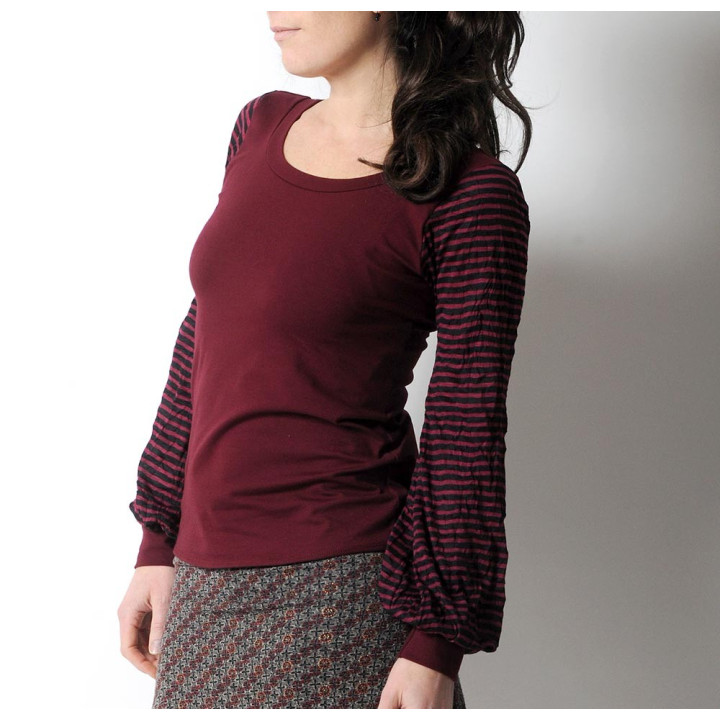 Crimson red top with long striped sleeves