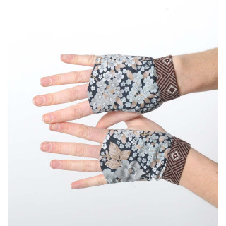 Gantelets mitaines fleuris gris et marron
