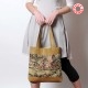 Beige leather shopping tote bag with vintage horse and wheels tapestry