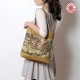 Beige leather shopping tote bag with vintage horse and wheels tapestry