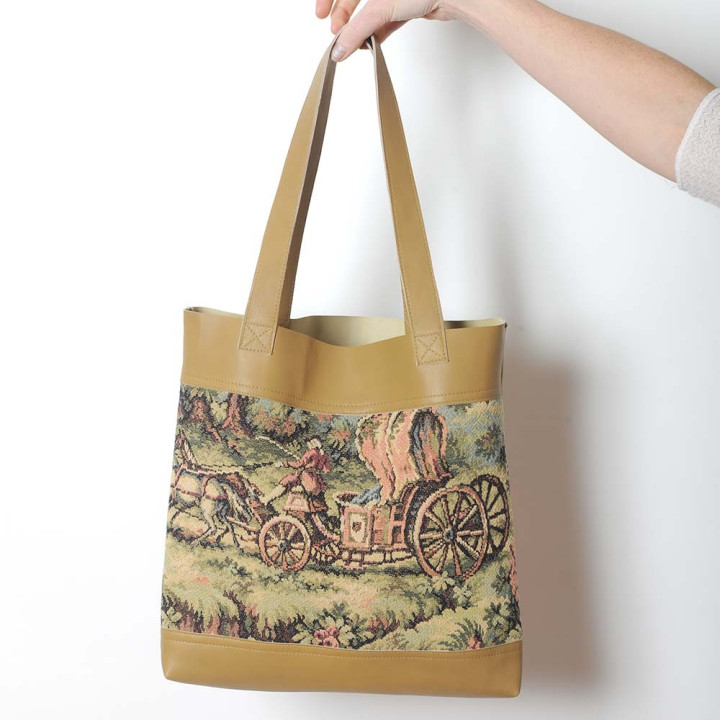 Sac shopping cabas, cuir beige et tapisserie carosse et chevaux