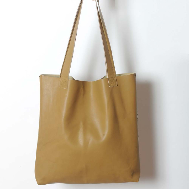 Beige leather shopping tote bag with vintage horse and wheels tapestry