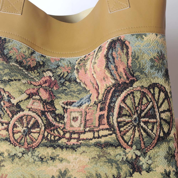 Beige leather shopping tote bag with vintage horse and wheels tapestry