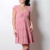 Pink short-sleeved lace dress with pleated neckline