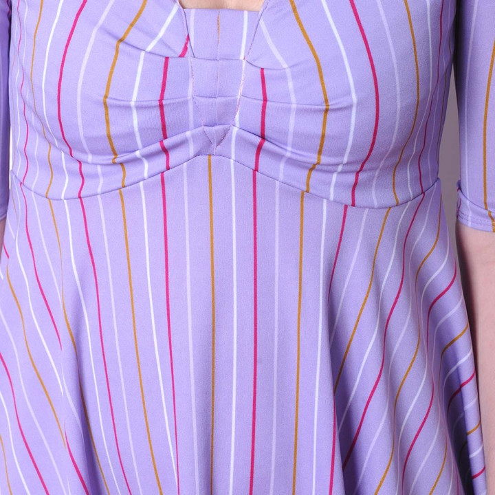 Striped lilac jersey dress with mid-length sleeves and pleated neckline