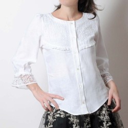 White linen and raised lace women's shirt with ruffled sleeves