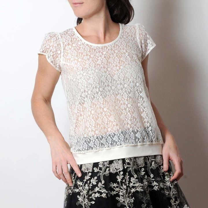 Sheer off-white lace sweater, short sleeves