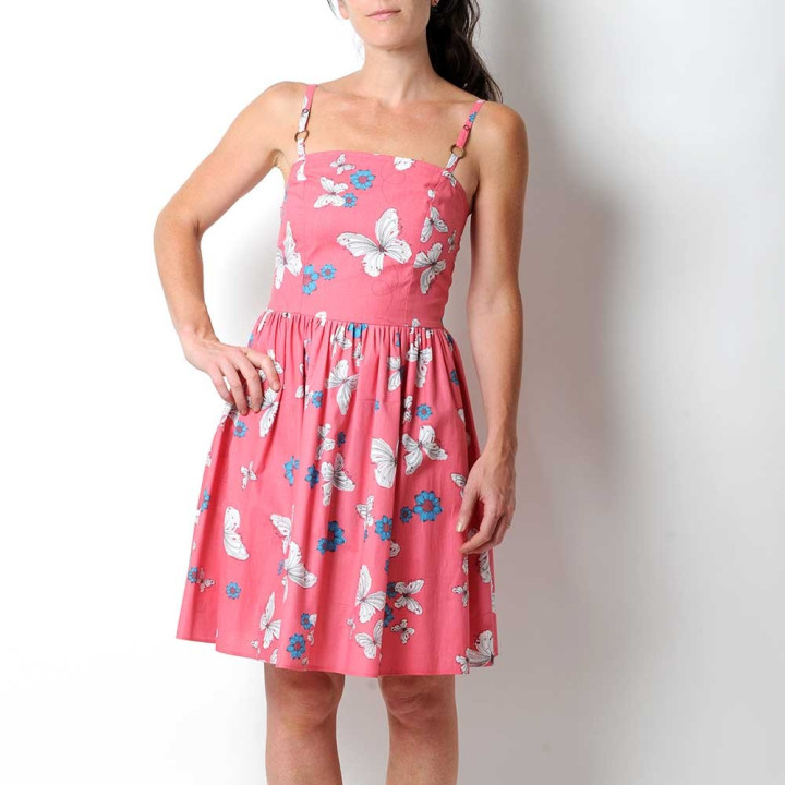 Pink cotton dress with butterfly print, straps or cap sleeves
