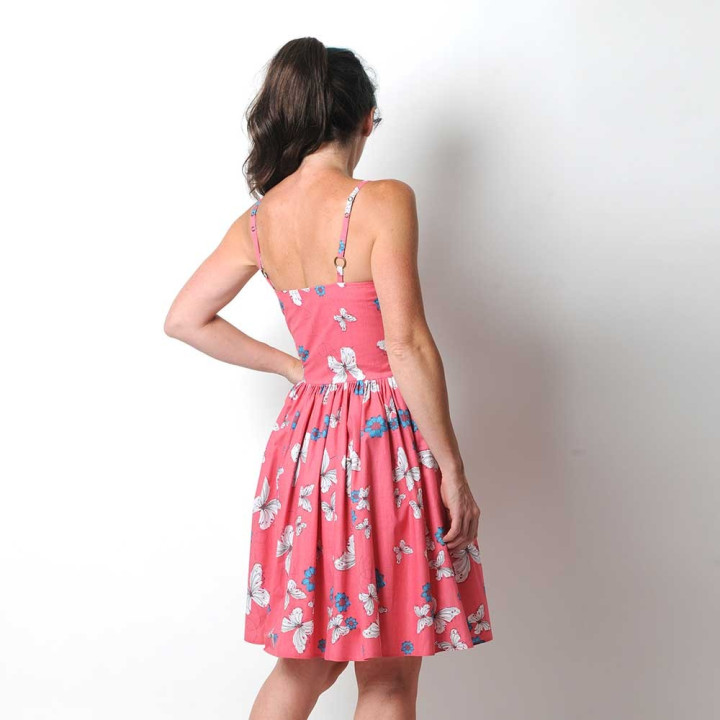 Pink cotton dress with butterfly print, straps or cap sleeves