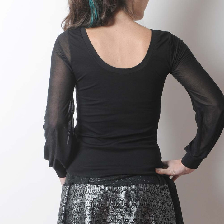 Black fitted top with long black mesh puffy sleeves
