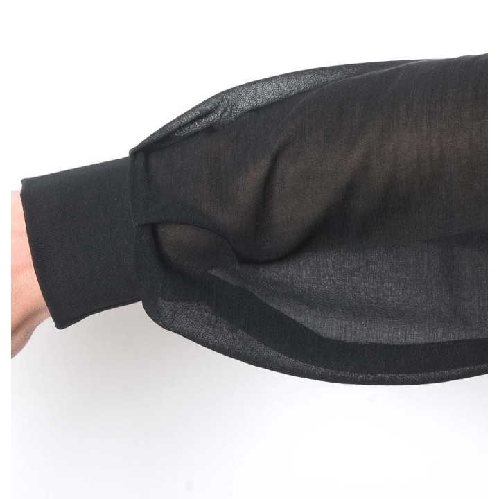 Black fitted top with long black mesh puffy sleeves