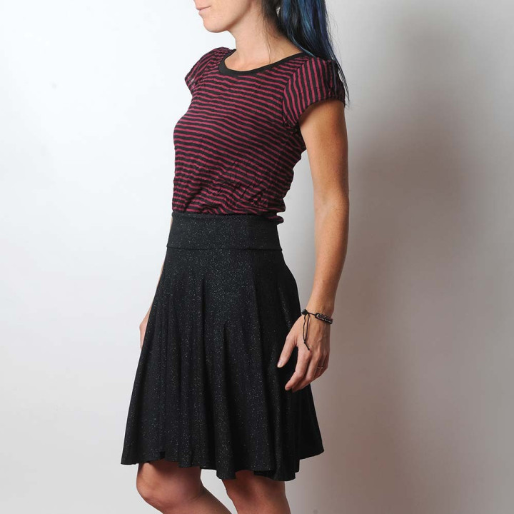 Flared sparkly black stretchy jersey skirt