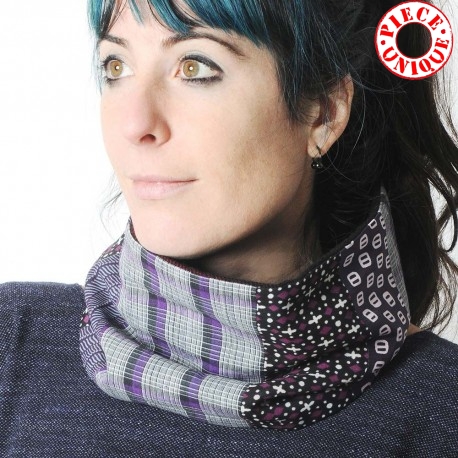 Purple and grey patchwork Cowl Scarf, supple neckwarmer
