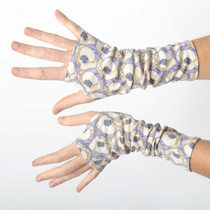 Long fingerless gloves in vintage beige and lilac floral jersey