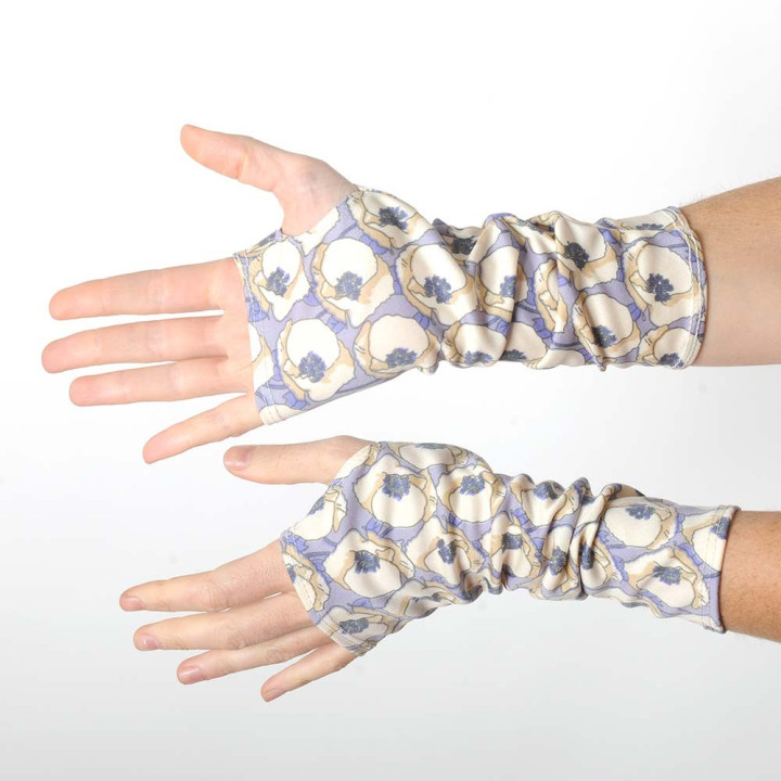 Mitaines fabriqué en France longues en jersey fin vintage fleuri beige et parme