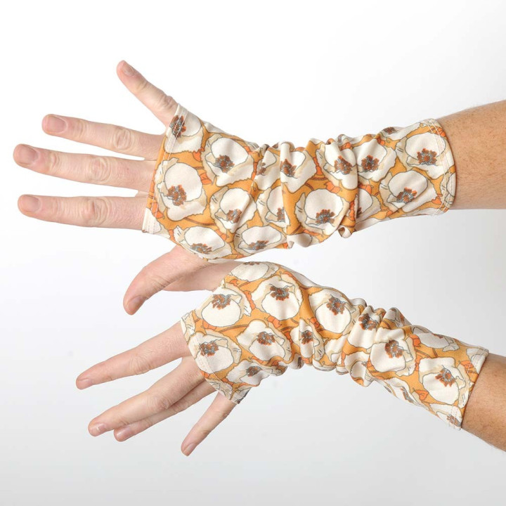 Long fingerless gloves in vintage beige and orange floral jersey