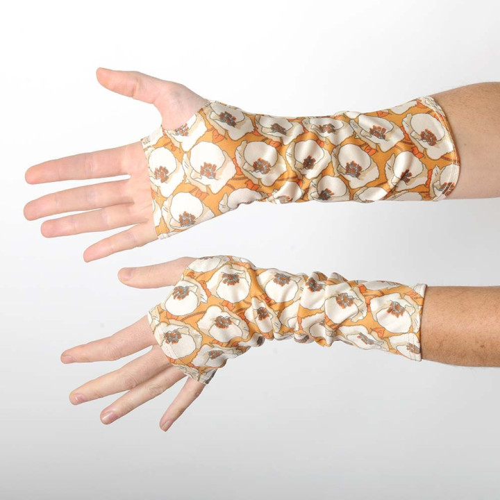 Long fingerless gloves in vintage beige and orange floral jersey
