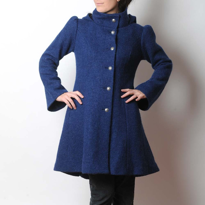 Indigo blue women's winter Pixie coat with Goblin Hood in virgin wool
