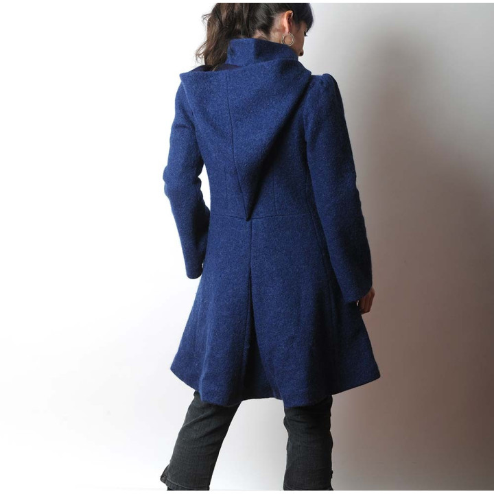 Indigo blue women's winter Pixie coat with Goblin Hood in virgin wool