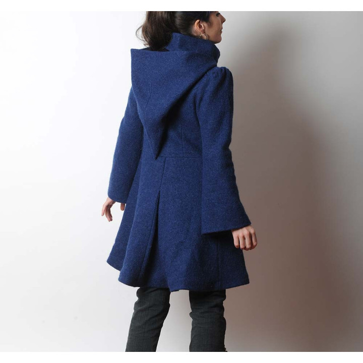 Indigo blue women's winter Pixie coat with Goblin Hood in virgin wool