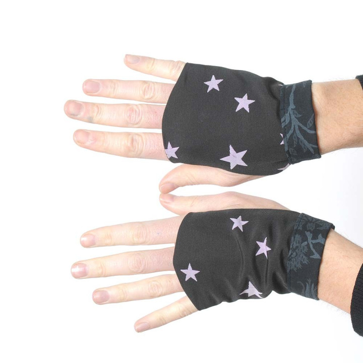 Black fingerless gauntlets with lilac stars
