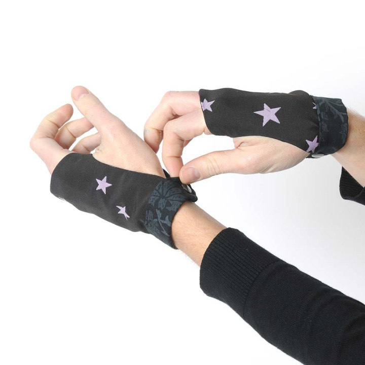 Black fingerless gauntlets with lilac stars