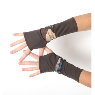 Long stretchy armwarmers in a patchwork of brown jersey and printed mesh