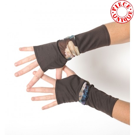 Long stretchy armwarmers in a patchwork of brown jersey and printed mesh