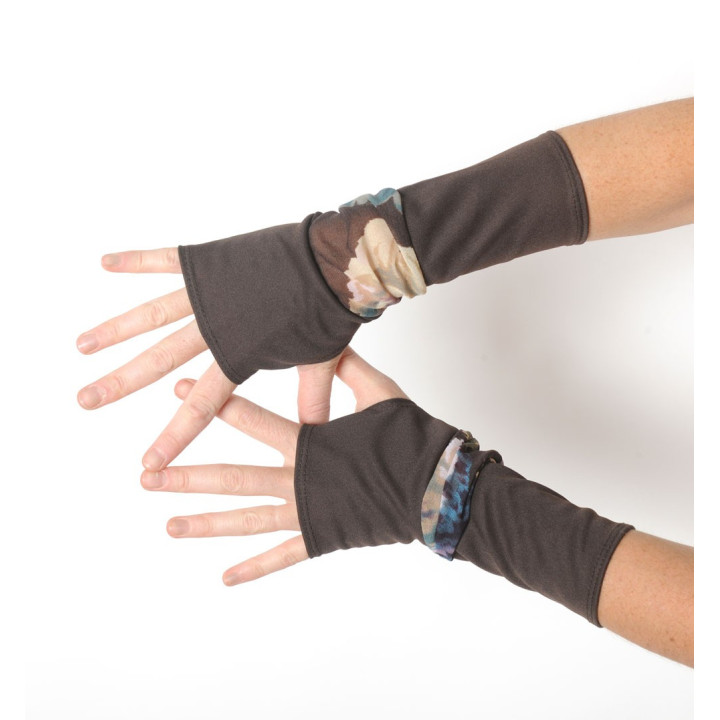 Long stretchy armwarmers in a patchwork of brown jersey and printed mesh